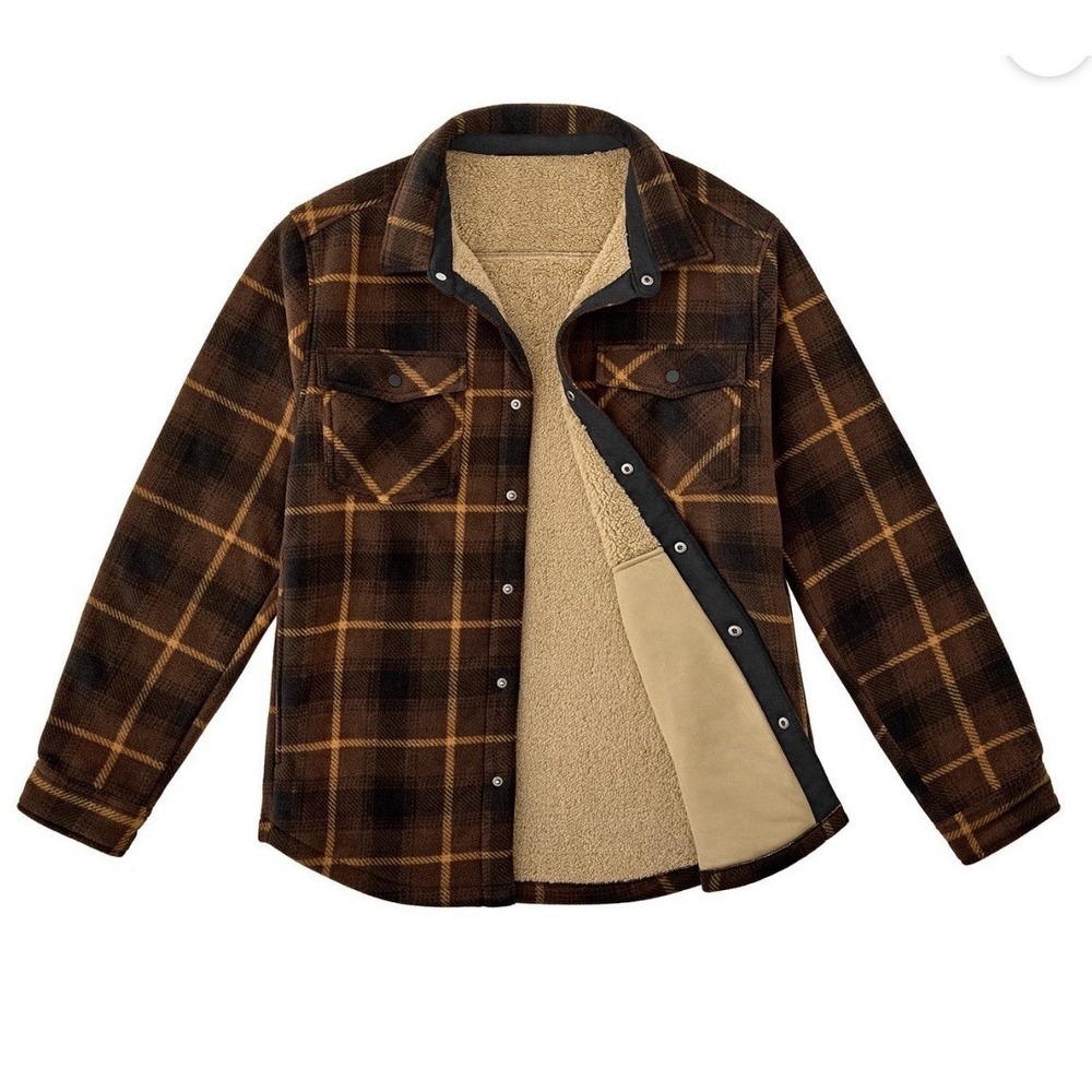 Men's Fleece Shacket Jacket Sherpa Lined Brown Plaid Print XXL NWT